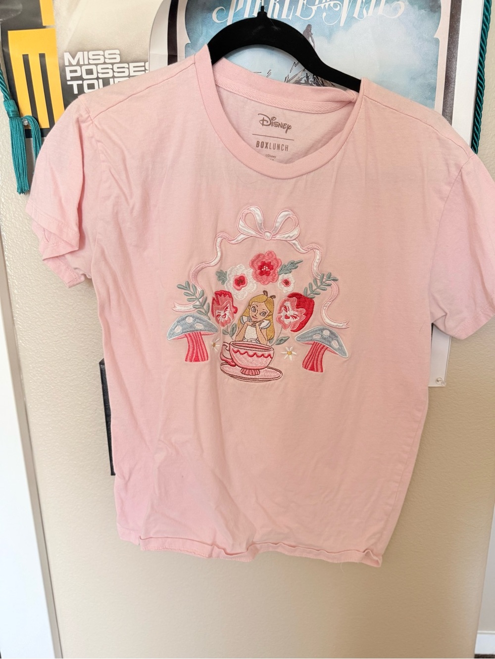 Disney BoxLunch Girls' Pink Alice Embroidered Short Sleeve Tee